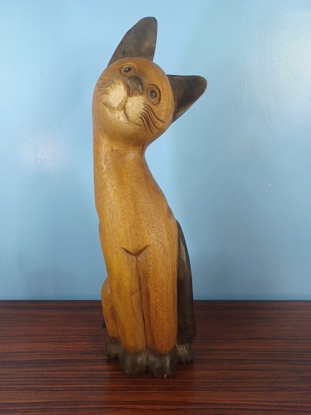 Wooden Cat Figure Hand Carved Kitty Cat Smiling Two Tone Folk Art Farmhouse Fun